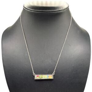 JILZARAH Reversible Bar Necklace - Floral & Blue Geometric Silver Tone